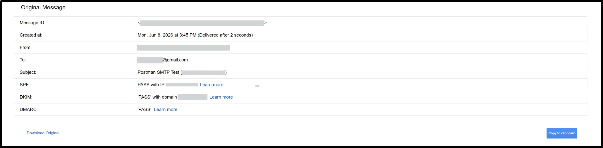 Gmail message header showing a DKIM pass result for email authentication verification
