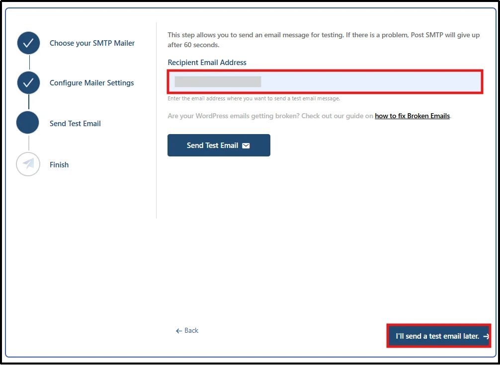 Enter recipient email address to send a WordPress SMTP test email