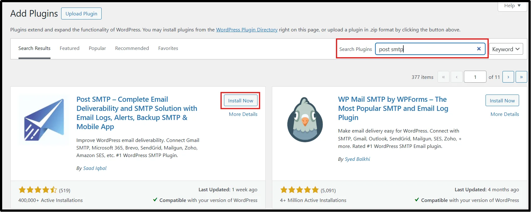 Search for Post SMTP plugin in the WordPress Add Plugins screen