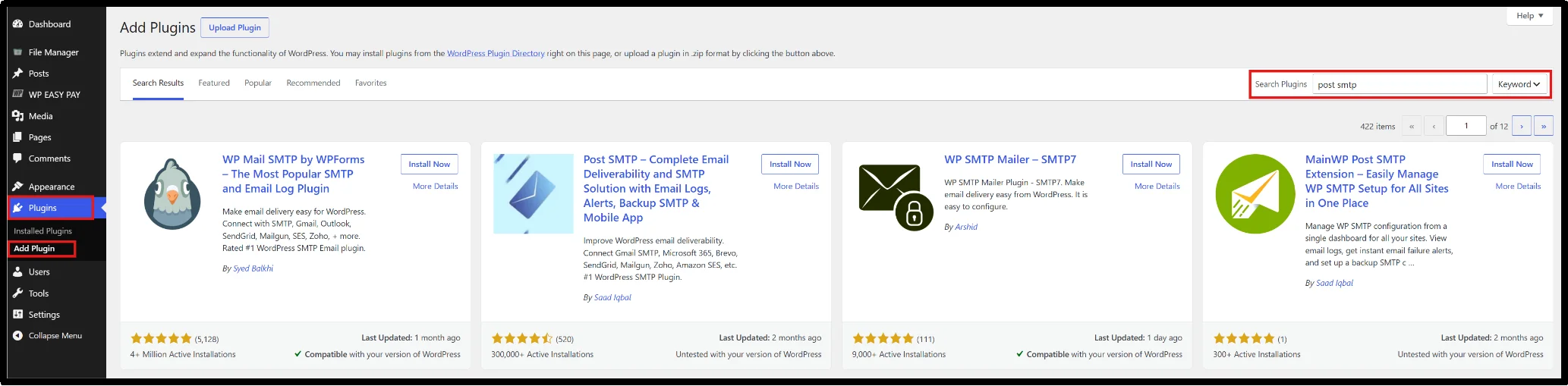 Search for Post SMTP plugin in the WordPress Add Plugins screen