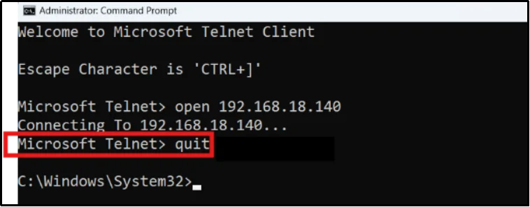 Close the Telnet session by entering the QUIT command