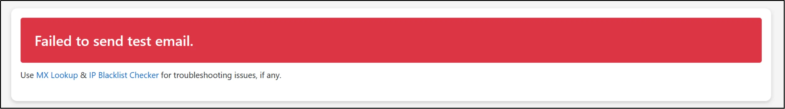 SMTP test failure message showing email delivery issues