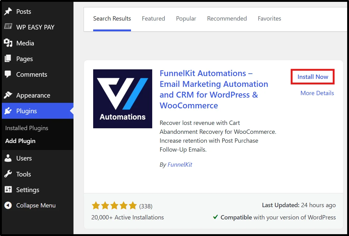 Find and install the FunnelKit Automations plugin from search results