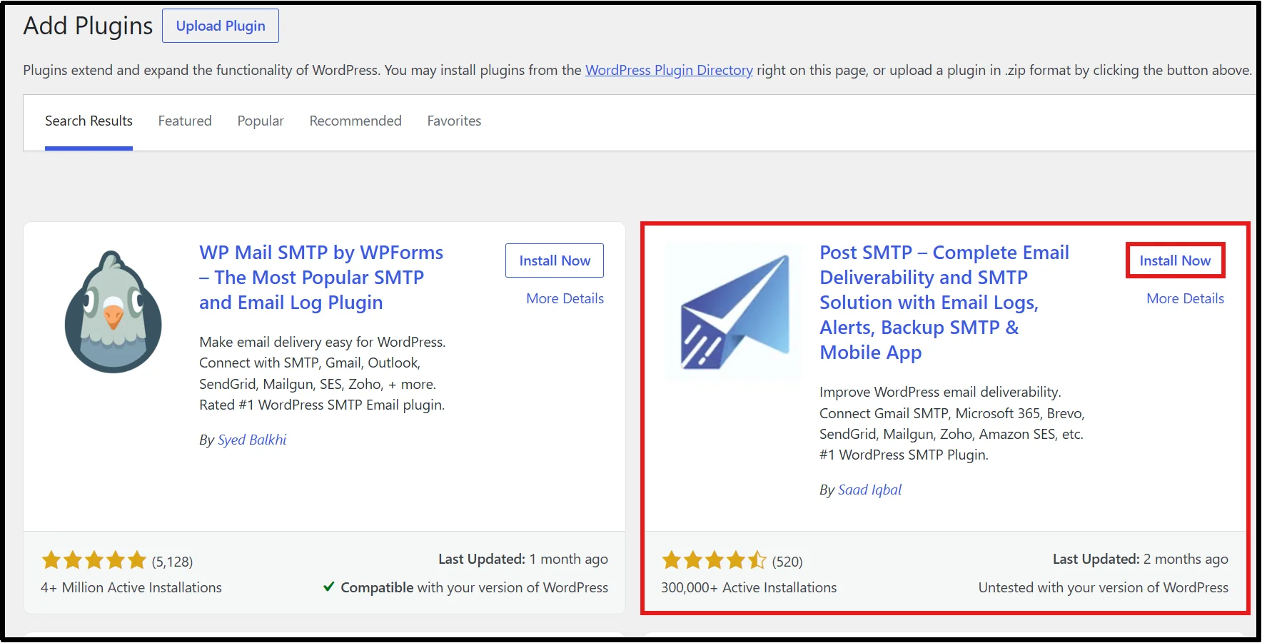 Locate the Post SMTP plugin in WordPress plugin search results