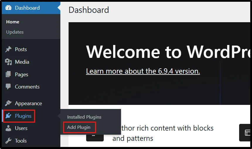 Navigate to Plugins menu in WordPress dashboard to install Post SMTP