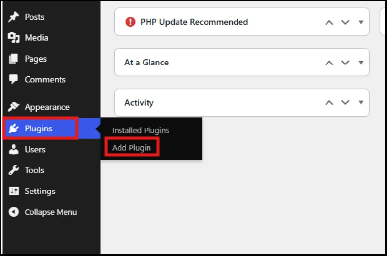 Navigate to the Plugins section in the WordPress dashboard to install an SMTP plugin