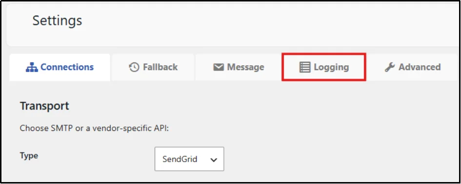Open the Logging tab in Post SMTP settings