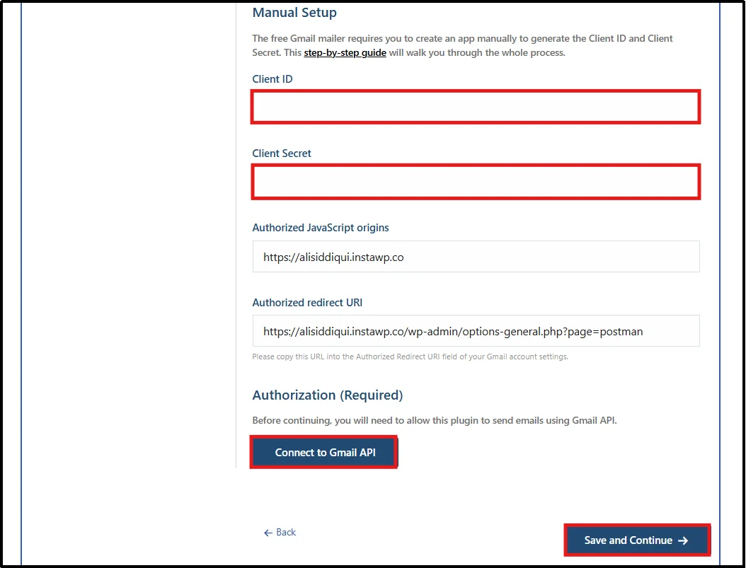 Manual Gmail SMTP setup using Client ID and Client Secret credentials