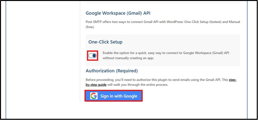 Enable One-Click Setup for Gmail SMTP authentication in Post SMTP
