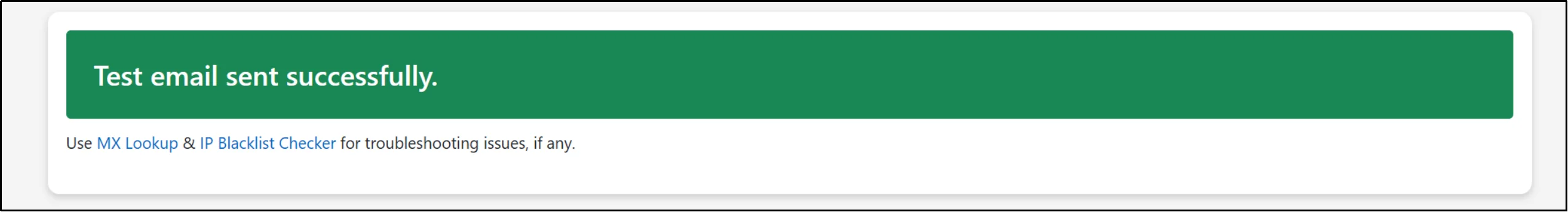 SMTP testing tool displays a successful email delivery confirmation