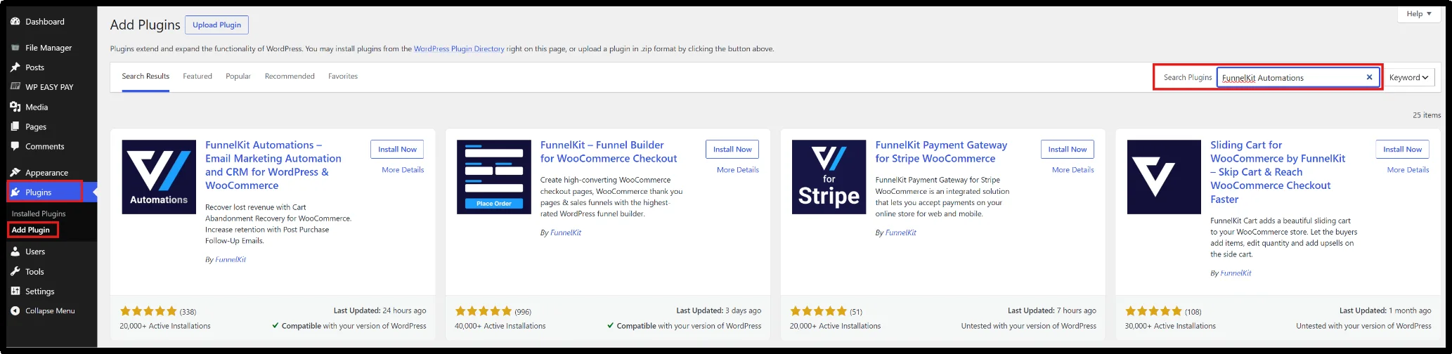 Search for FunnelKit Automations plugin in the WordPress plugin directory