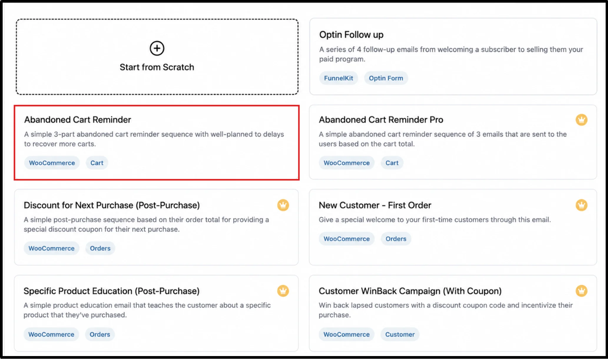 Select the Abandoned Cart Reminder template in FunnelKit Automations