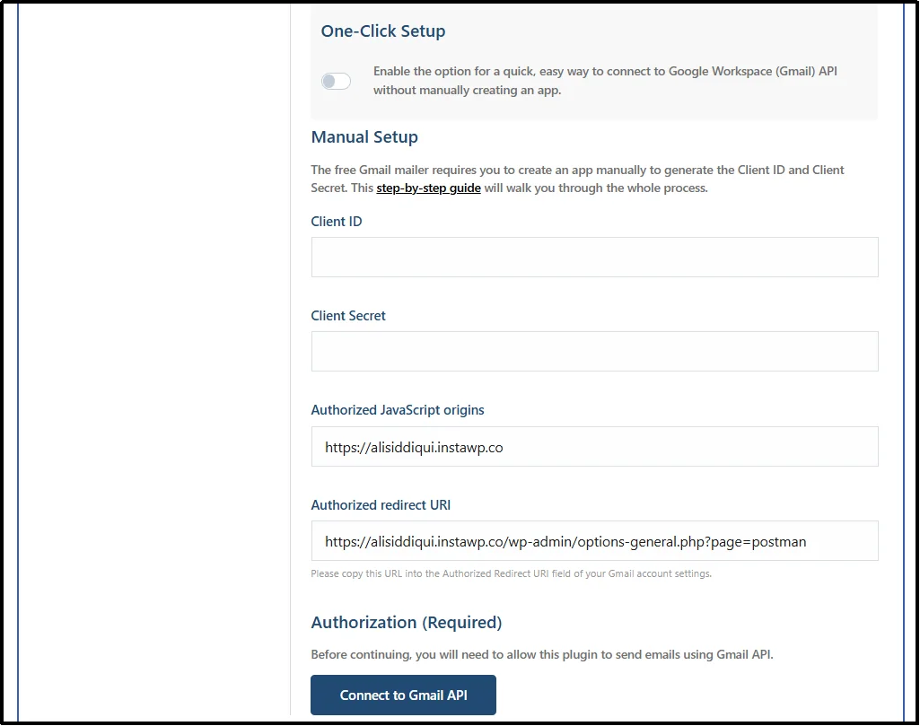 Gmail SMTP mailer selected in the Post SMTP setup wizard