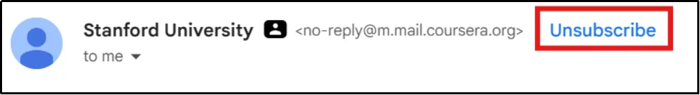 Gmail one-click unsubscribe option displayed in a promotional email from Coursera