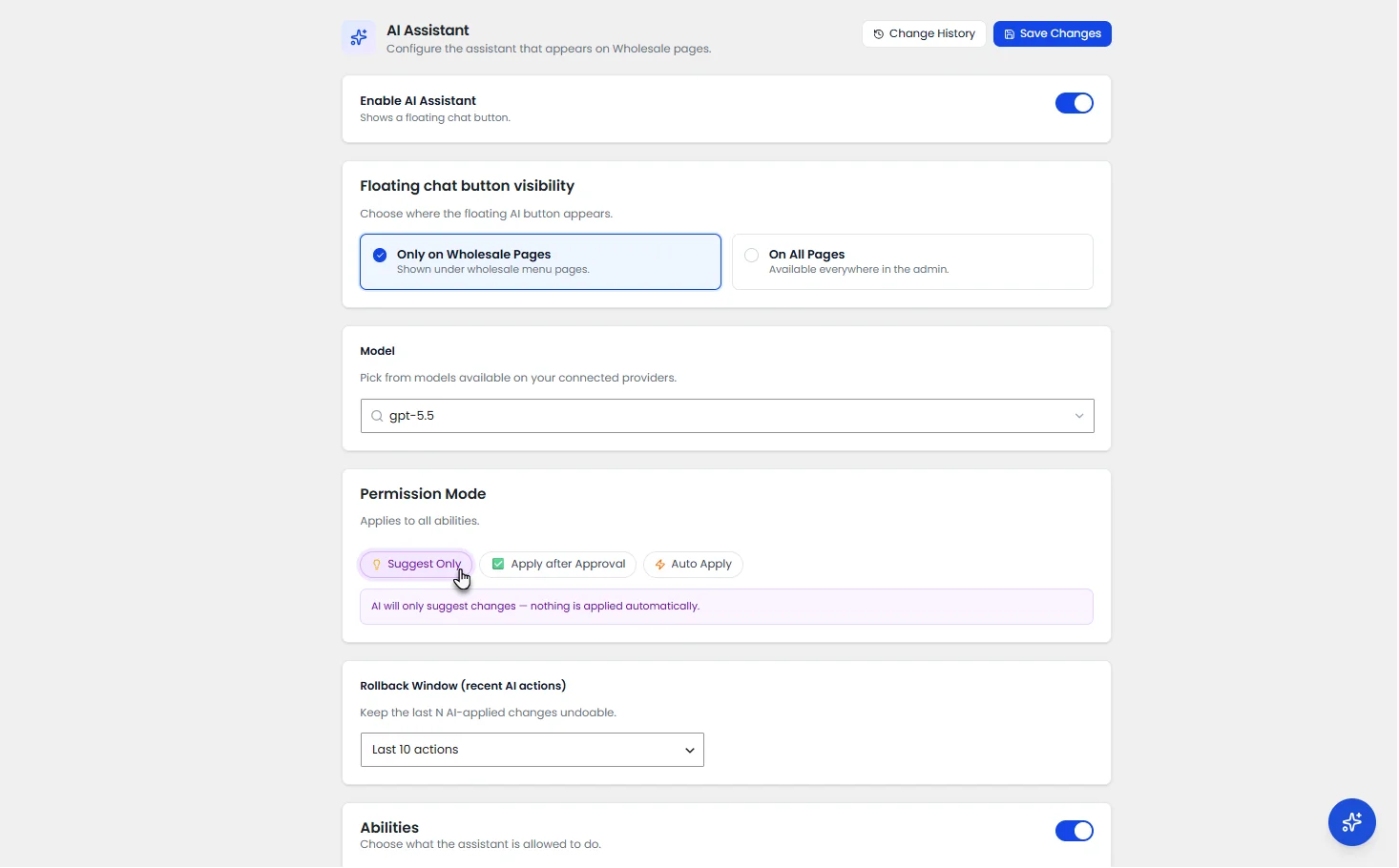 Choosing a permission mode for the WooCommerce AI Assistant