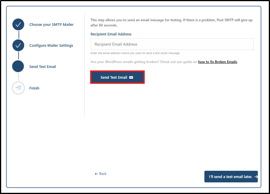 Entering a recipient email address and sending a test email in Post SMTP