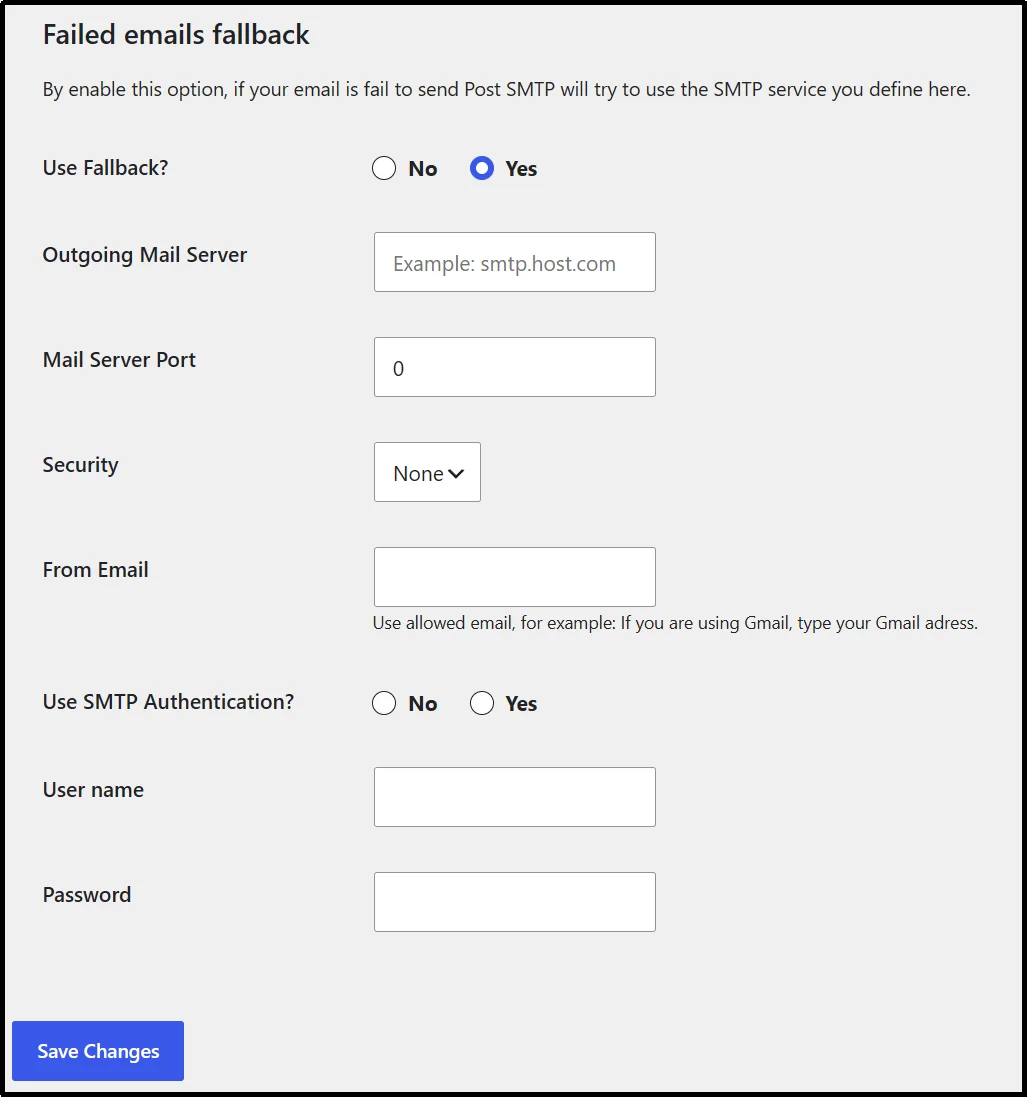 Entering backup SMTP mailer details and clicking Save Changes in Post SMTP