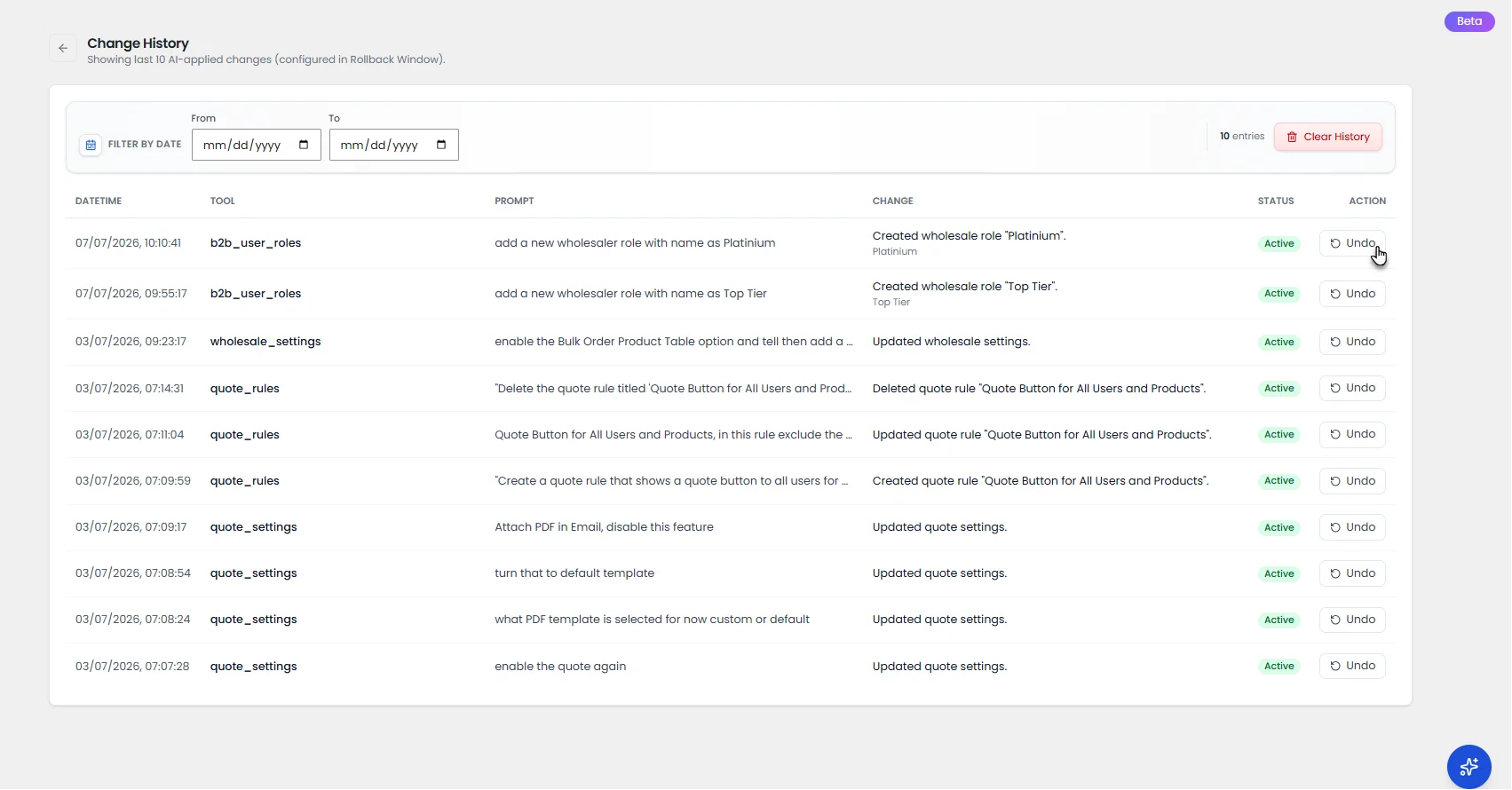 Rollback window for reviewing AI Assistant changes in WooCommerce