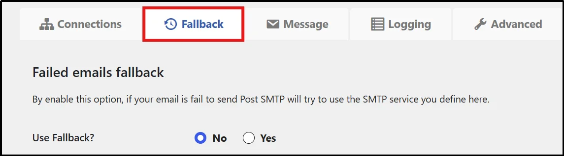 Selecting the Fallback tab in Post SMTP settings to configure a backup SMTP connection