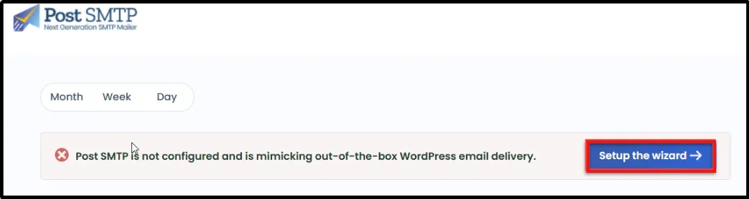 Post SMTP dashboard showing an unconfigured email delivery warning with the Setup the wizard button highlighted