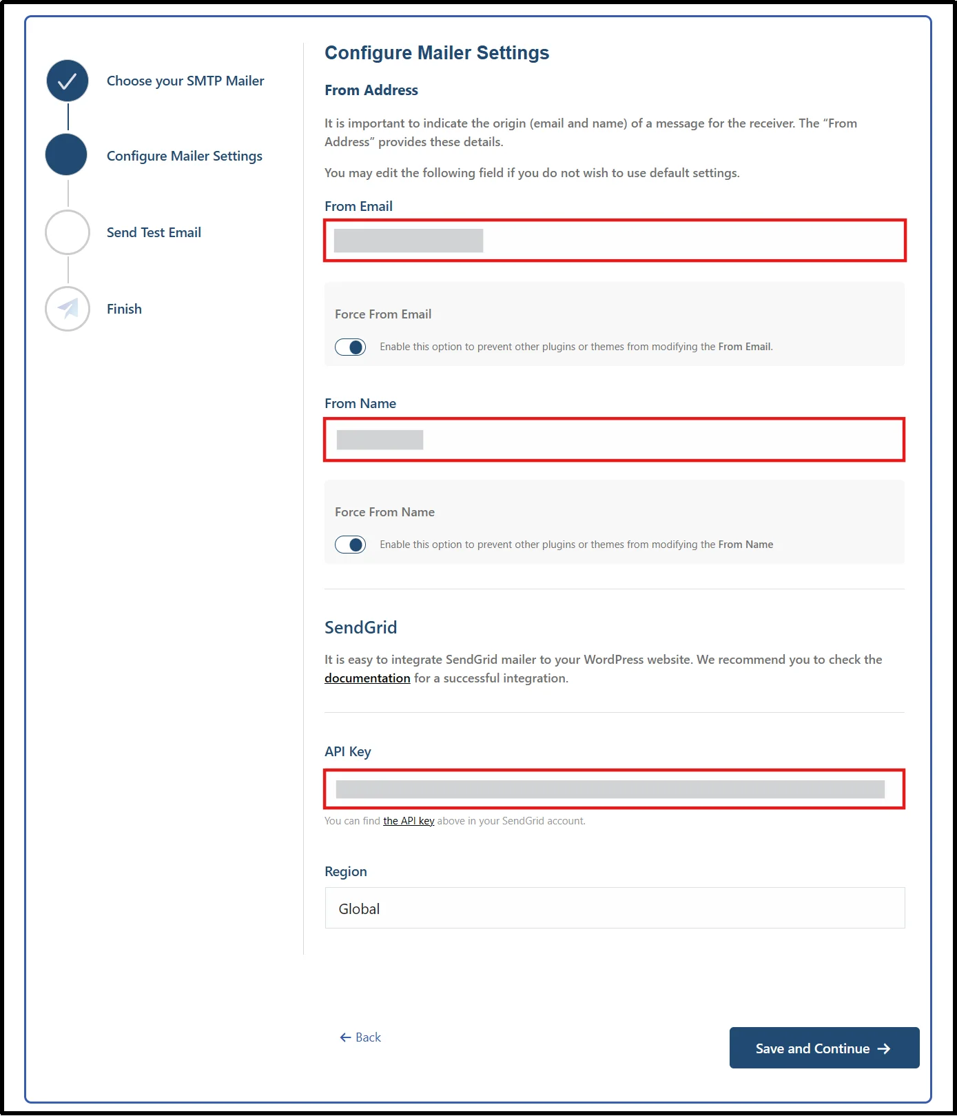 Post SMTP Configure Mailer Settings screen with the From Email, From Name and SendGrid API Key fields highlighted