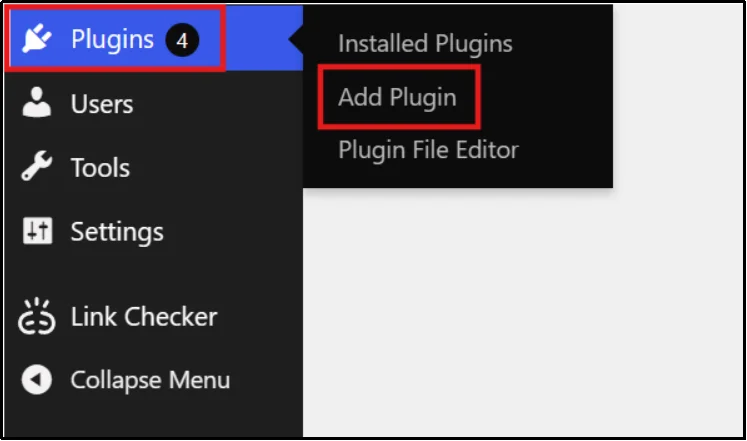 WordPress admin sidebar with the Plugins menu expanded and Add Plugin highlighted