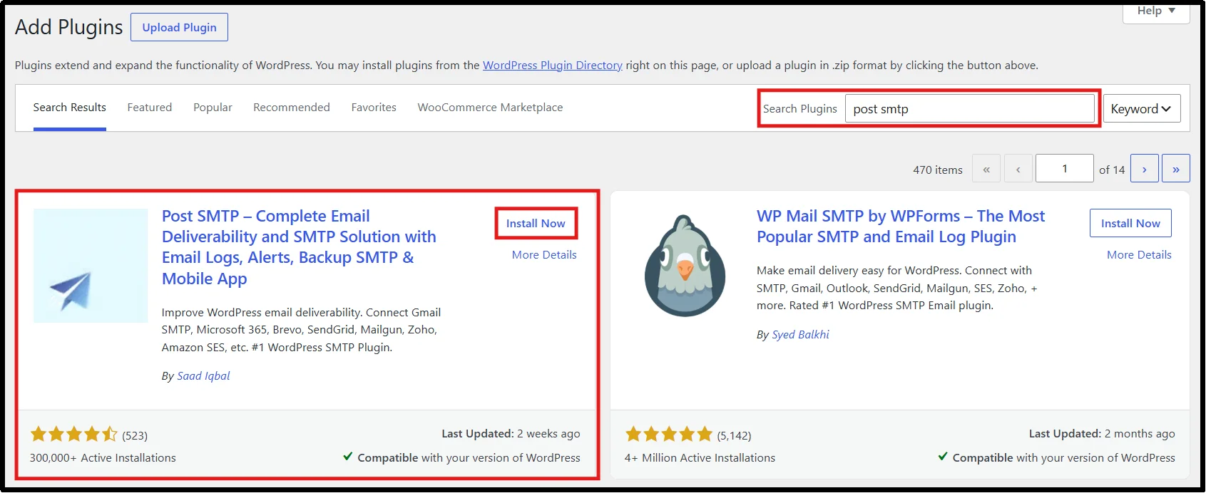 WordPress Add Plugins search results showing Post SMTP with 300,000+ active installations and the Install Now button