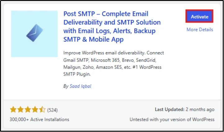 Post SMTP plugin card in WordPress with the Activate button highlighted