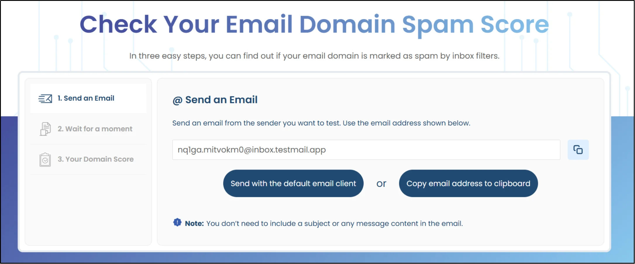 Post SMTP Email Domain Spam Score Checker asking you to send an email to the generated test address