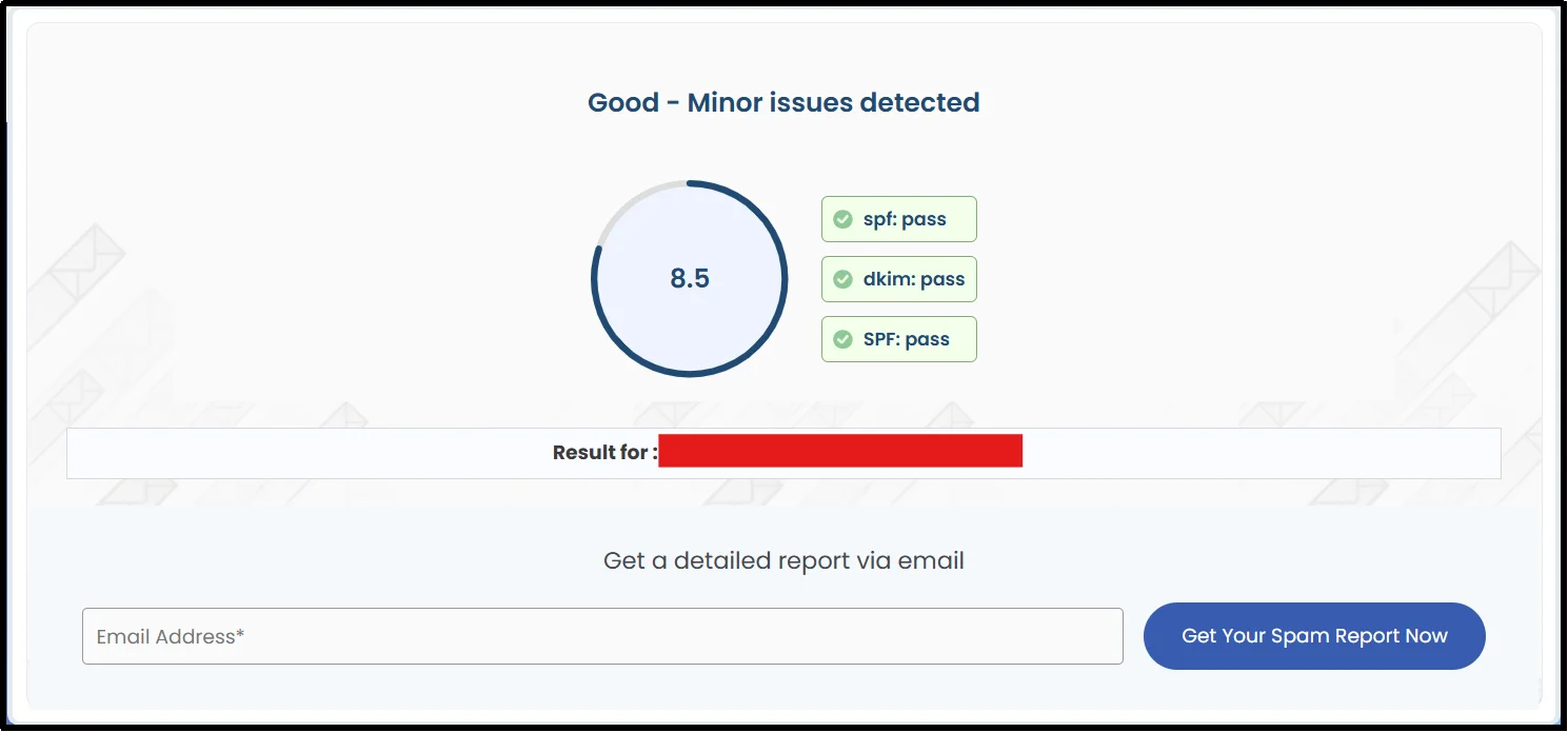 Spam score result of 8.5 with SPF and DKIM authentication checks passing