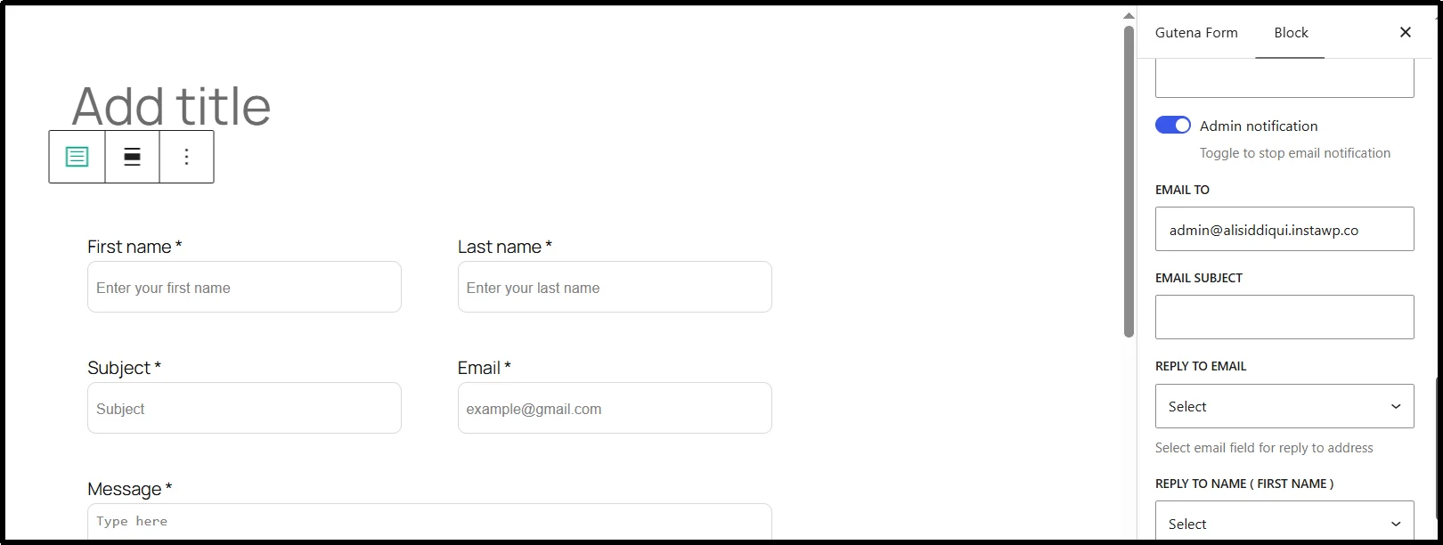 Gutena Forms block sidebar showing Admin notification toggle, Email To, and Reply To settings