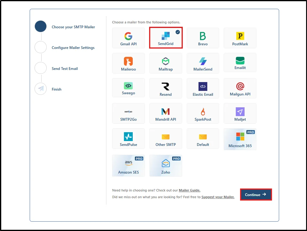 Post SMTP setup wizard mailer list with SendGrid selected and Continue highlighted