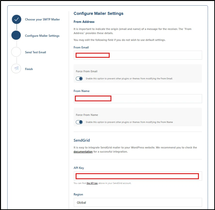 Post SMTP Configure Mailer Settings screen with From Email, From Name, and SendGrid API Key fields