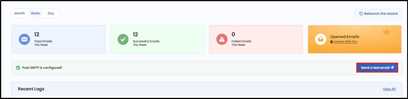 Post SMTP dashboard email stats with the Send a test email button highlighted