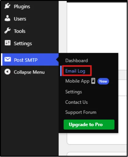 WordPress sidebar with the Post SMTP menu expanded and Email Log highlighted