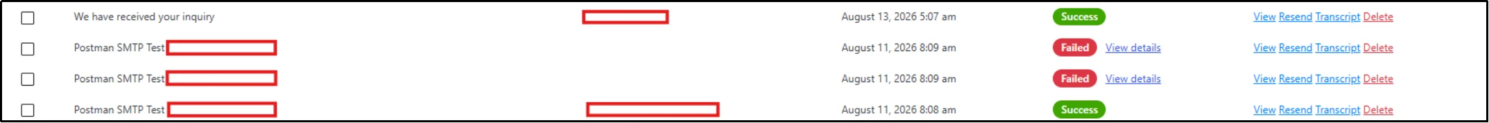 Post SMTP Email Log listing emails with Success and Failed delivery statuses