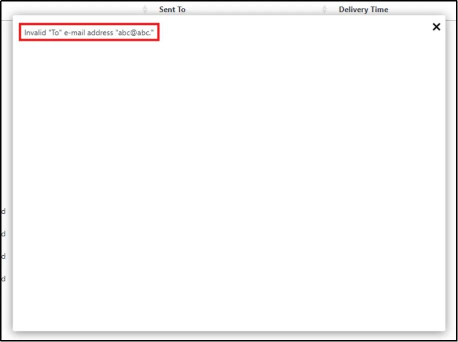 Post SMTP error details popup showing an invalid recipient email address error