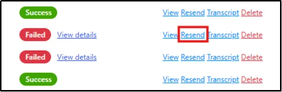 Post SMTP Email Log row actions with the Resend link highlighted next to a failed email