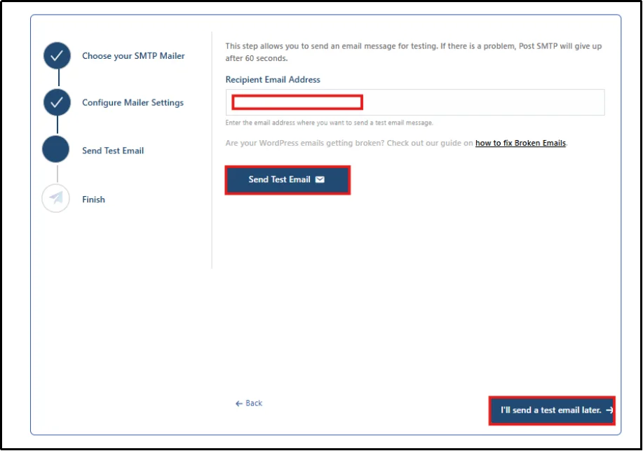 Post SMTP setup wizard Send Test Email step with the recipient address field and Send Test Email button
