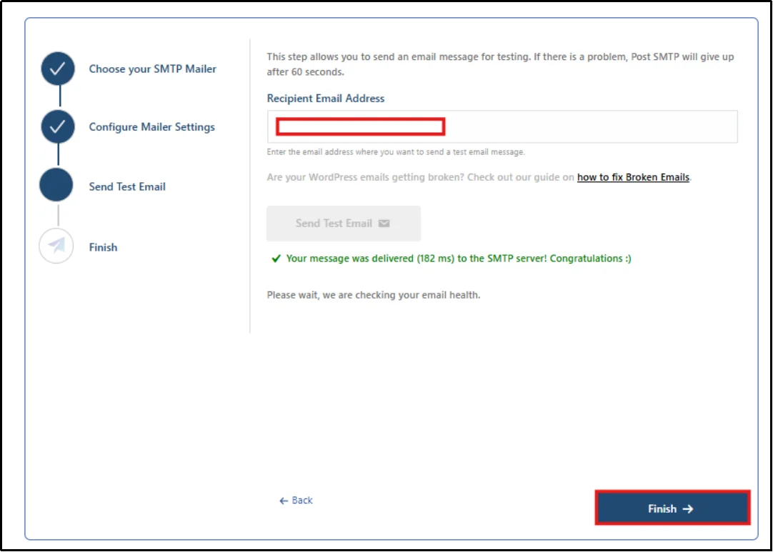 Post SMTP setup wizard showing a successful test email delivery message and the Finish button