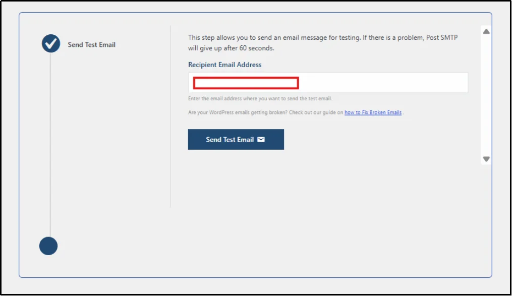 Post SMTP test email wizard opened from the dashboard with the recipient email address field