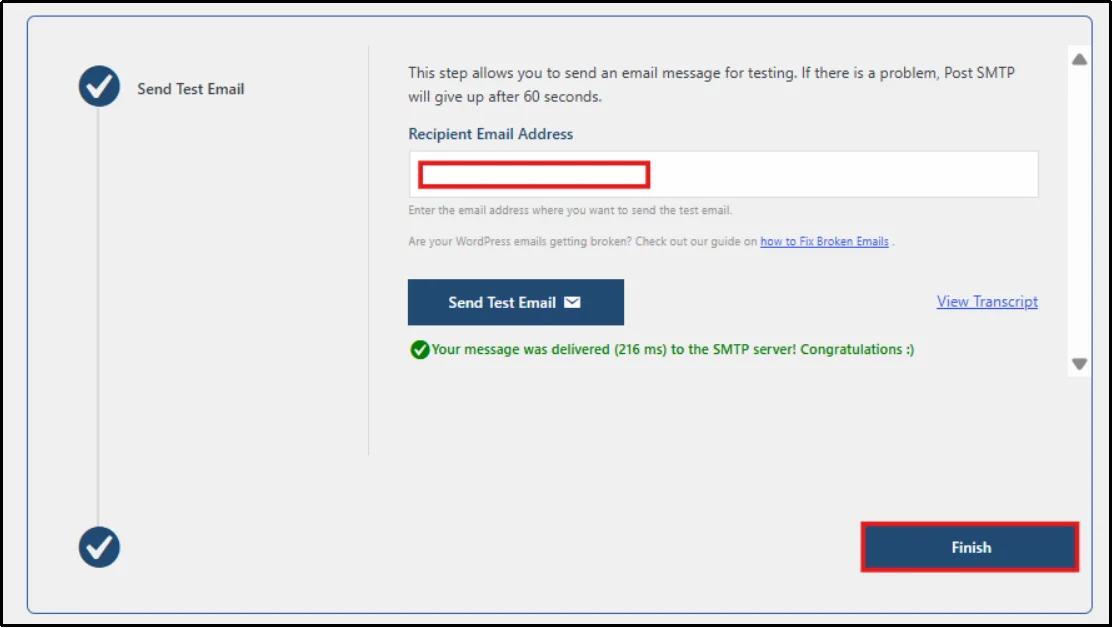 Post SMTP test email wizard confirming successful delivery with the Finish button highlighted