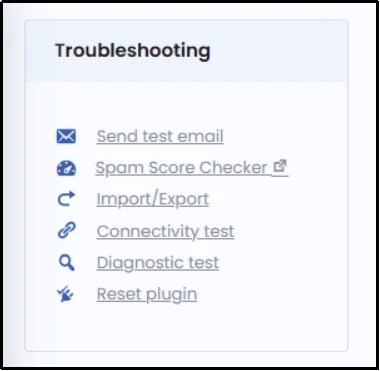 Post SMTP Troubleshooting box with the Spam Score Checker link