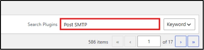 Searching for Post SMTP in the WordPress Add Plugins search bar