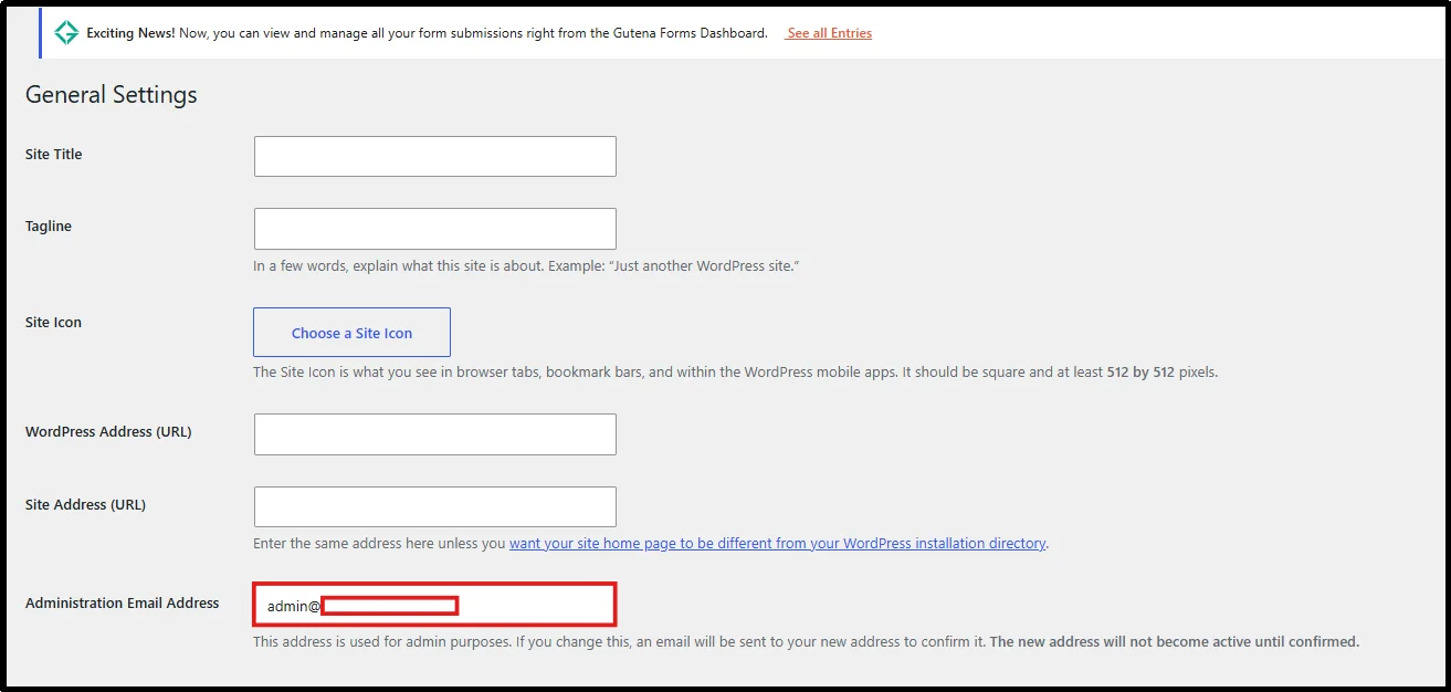WordPress General Settings page with the Administration Email Address field highlighted