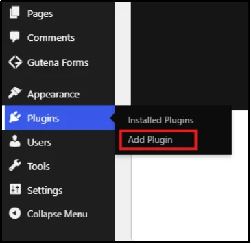 WordPress sidebar with Plugins expanded and Add Plugin highlighted