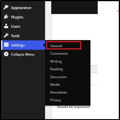 WordPress sidebar with Settings expanded and General highlighted